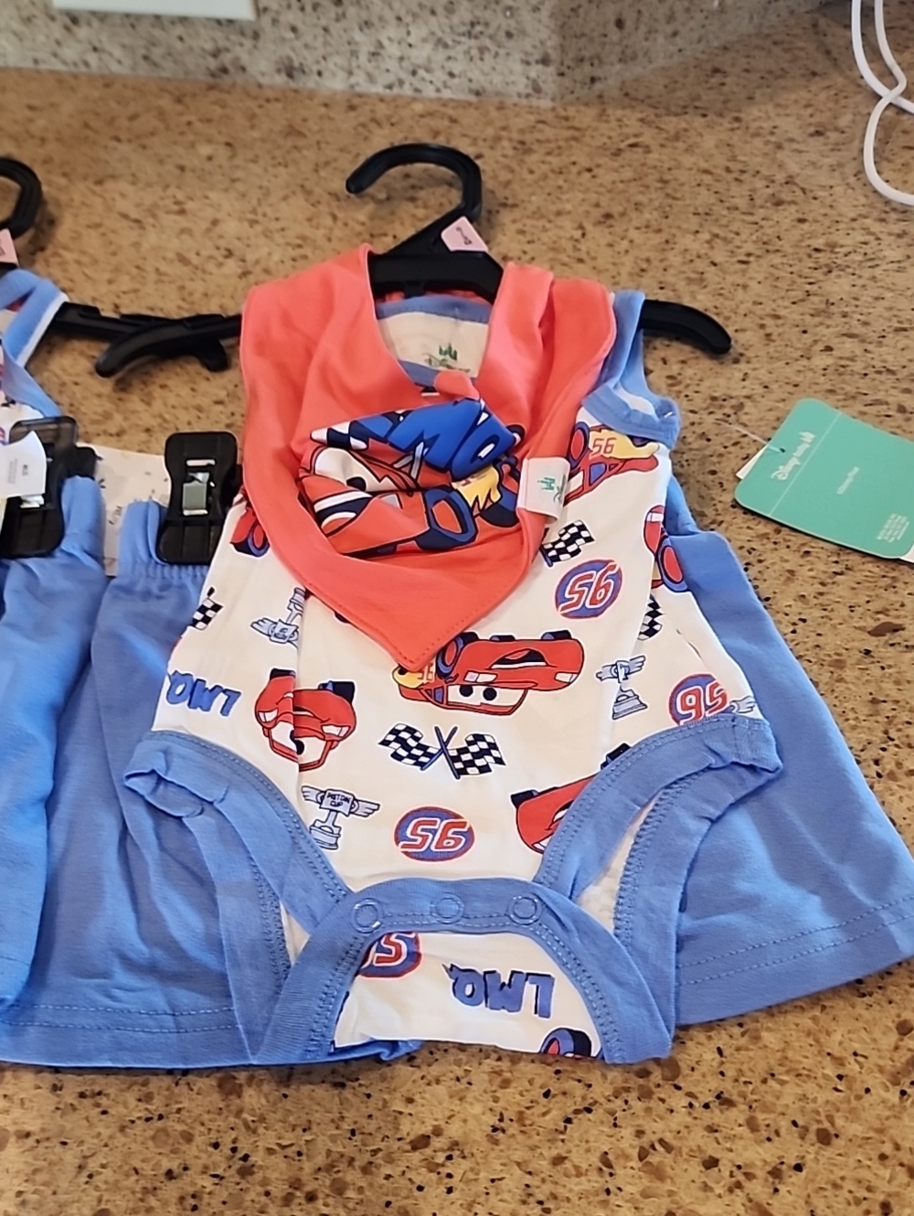 Disney Blue and Coral Racing Print Baby Matching Set NWT 0-3 Months Cars Set.